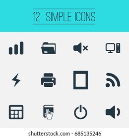 Vector Illustration Set Of Simple Computer Icons. Elements Battery, Select, Quiet Sound And Other Synonyms Computer, Palmtop And Compute.