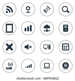 Vector Illustration Set Of Simple Computer Icons. Elements Broadcast, Connection, Palmtop And Other Synonyms Seek, Close And Router.