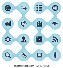 Vector Illustration Set Of Simple Conference Icons. Elements Fastener, Loudspeaker, Hotline And Other Synonyms Stationary, Member And Business.