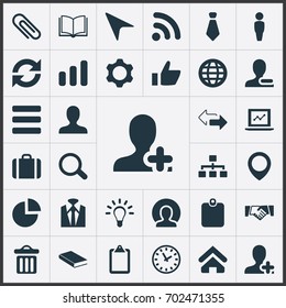 Vector Illustration Set Of Simple Conference Icons. Elements Worldwide Success, Rubbish Can, Note Pad And Other Synonyms Hierarchy, Up And Growth.