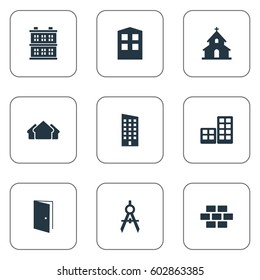 Vector Illustration Set Of Simple Construction Icons. Elements Floor, Block, Engineer Tool And Other Synonyms Flat, Block And Shanty.
