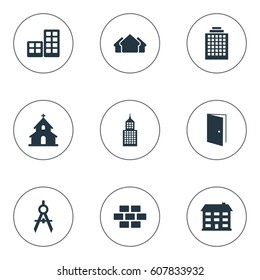 Vector Illustration Set Of Simple Construction Icons. Elements Popish, Gate, Engineer Tool And Other Synonyms House, Construction And Realty.