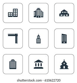 Vector Illustration Set Of Simple Construction Icons. Elements Popish, Flat, Length And Other Synonyms Hut, Offices And Length.