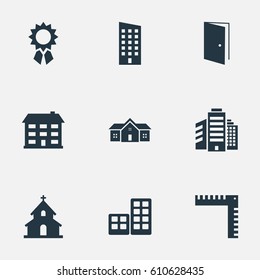 Vector Illustration Set Of Simple Construction Icons. Elements Superstructure, Flat, Residence And Other Synonyms Length, Flat And Scale.
