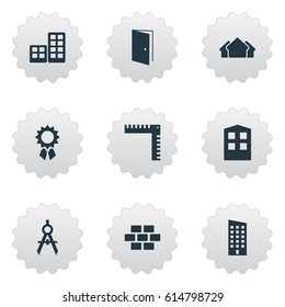 Vector Illustration Set Of Simple Construction Icons. Elements Shelter, Gate, Length And Other Synonyms Premises, Wall And Shelter.