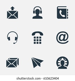 Vector Illustration Set Of Simple Contact Icons. Elements Postage, International Job, E-Mail Symbol And Other Synonyms Phone, Plane And Job.