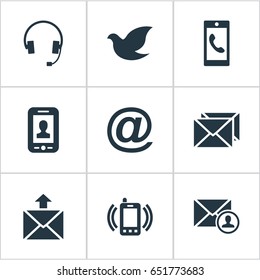 Vector Illustration Set Of Simple Contact Icons. Elements Selfie, Epistle Author, Earphone And Other Synonyms Postage, Symbol And Author.