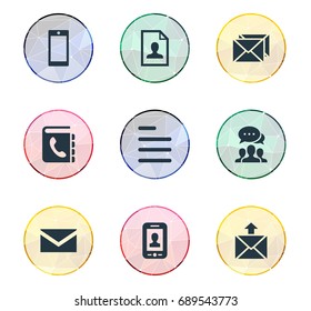 Vector Illustration Set Of Simple Contact Icons. Elements Selfie, Cellular Appliance, Correspondence And Other Synonyms Selfie, Envelope And Information.