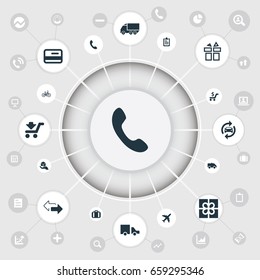 Vector Illustration Set Of Simple Conveyance Icons. Elements Automobile, Web Trading, Travel Suitcase And Other Synonyms Telephone, Message And Bike.
