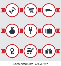 Vector Illustration Set Of Simple Conveyance Icons. Elements Packaging, Pushcart, Market Cart And Other Synonyms Market, Cabin And Pouch.