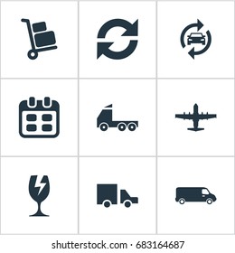 Vector Illustration Set Of Simple Conveyance Icons. Elements Repeatability, Plane, Luggage Bearer And Other Synonyms Calendar, Aviation And Industry.