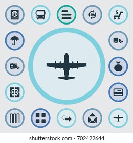 Vector Illustration Set Of Simple Conveyance Icons. Elements Gift, Mailing, Autobus And Other Synonyms Bank, Outsource And Aviation.