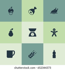 Vector Illustration Set Of Simple Cooking Icons. Elements Scales, Plastic Bottle, Christmas Cookies And Other Synonyms Cookies, Ham And Wheat.