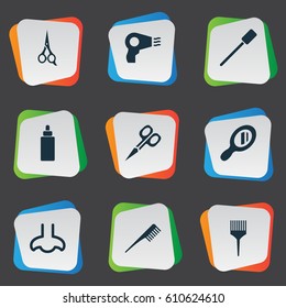 Vector Illustration Set Of Simple Cosmetics Icons. Elements Blow Dryer, Barber Tool, Serum And Other Synonyms Coloring, Comb And Scissors.