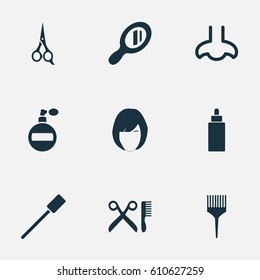 Vector Illustration Set Of Simple Cosmetics Icons. Elements Serum, Fragrance, Smell And Other Synonyms Dropper, Hair And Mirror.