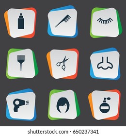 Vector Illustration Set Of Simple Cosmetics Icons. Elements Serum, Fragrance, Smell And Other Synonyms Mascara, Fragrance And Hairstylist.