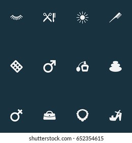 Vector Illustration Set Of Simple Cosmetics Icons. Elements Woman Symbol, Pill, Heeled Shoes And Other Synonyms Sunroom, Therapy And Shoes.
