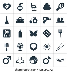 Vector Illustration Set Of Simple Cosmetics Icons. Elements Purse, Butterfly, Mascara And Other Synonyms Aroma, Hair And Symbol.