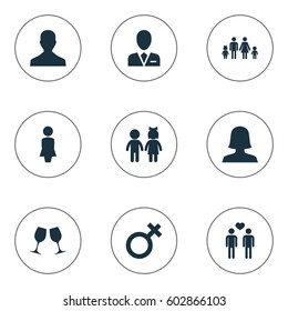 Vector Illustration Set Of Simple Couple Icons. Elements Children, Gay, Madame And Other Synonyms Lawyer, Wife And Men.