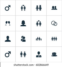 Vector Illustration Set Of Simple Couple Icons. Elements Spouse, Woman, Husband Synonyms Couple, Beloveds And Attorney.