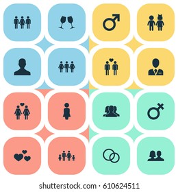 Vector Illustration Set Of Simple Couple Icons. Elements Woman, Husband, Wineglass Synonyms Mates, Woman And Male.