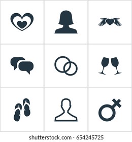 Vector Illustration Set Of Simple Couple Icons. Elements Wineglass, Woman, Soul And Other Synonyms Gentleman, Bubble And Flop.