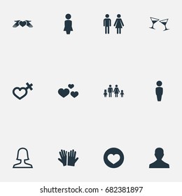 Vector Illustration Set Of Simple Couple Icons. Elements Amour, Female Partner, Celebration And Other Synonyms Woman, Family And Care.