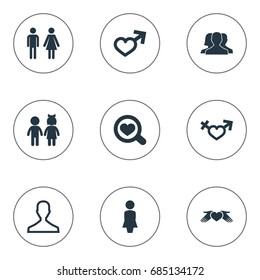 Vector Illustration Set Of Simple Couple Icons. Elements Gentleman, Heart In Hand, Children Synonyms Care, Girl And Couple.