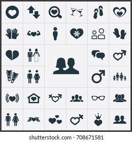 Vector Illustration Set Of Simple Couple Icons. Elements Heart In Hand, Romantic, Direction Synonyms Group, Groom And Wedding.