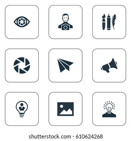 Vector Illustration Set Of Simple Creative Thinking Icons. Elements Creative, Cameraman, Zoom And Other Synonyms Diaphragm, Feather And Megaphone.
