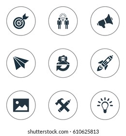 Vector Illustration Set Of Simple Creative Thinking Icons. Elements Lightbulb, Pencil, Business Discussion And Other Synonyms Tool, Megaphone And Photo.