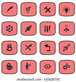 Vector Illustration Set Of Simple Creative Thinking Icons. Elements Project Aim, Apathy, Shuttle And Other Synonyms Music, Cooperation And Hammer.
