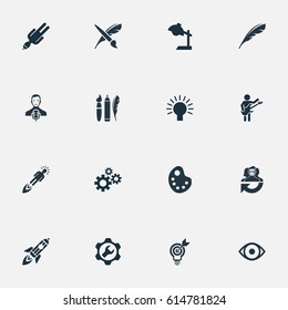 Vector Illustration Set Of Simple Creative Thinking Icons. Elements Gears, Brush, Design Instruments And Other Synonyms Scheme, Energy And Leisure.