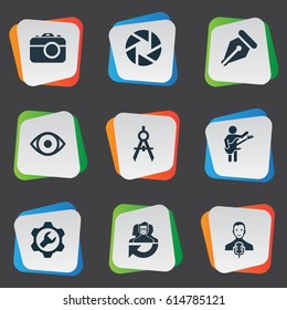 Vector Illustration Set Of Simple Creative Thinking Icons. Elements Contemplation, Hobby, Leadership And Other Synonyms Eye, Wrench And Aperture.