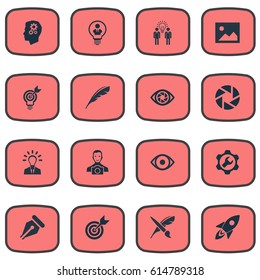 Vector Illustration Set Of Simple Creative Thinking Icons. Elements Writing Tool, Image, Brush And Other Synonyms Fantasy, Person And Mind.