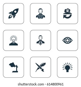 Vector Illustration Set Of Simple Creative Thinking Icons. Elements Performance, Brush, Creative And Other Synonyms Team, Energy And Fantasy.