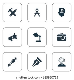 Vector Illustration Set Of Simple Creative Thinking Icons. Elements Creative, Entrepreneur, Photo Tool And Other Synonyms Pen, Bulb And Compass.