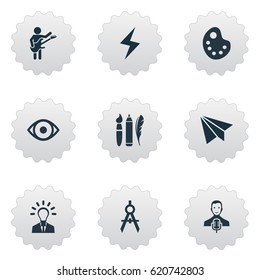 Vector Illustration Set Of Simple Creative Thinking Icons. Elements Dividers, E-Mail, Drawing Tool And Other Synonyms Eye, Battery And Message.