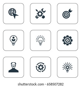 Vector Illustration Set Of Simple Creative Icons. Elements Choose, Bulb, Mechanism And Other Synonyms Reload, Invention And Setting.