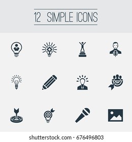 Vector Illustration Set Of Simple Creative Thinking Icons. Elements Interview, Arrow, Development And Other Synonyms Photo, Lightbulb And Winner.