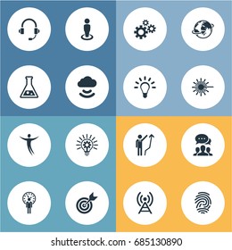 Vector Illustration Set Of Simple Creative Icons. Elements Bulb, Connection, Freedom And Other Synonyms Fingerprint, Headset And Technology.