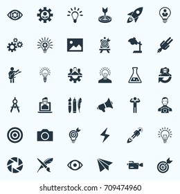 Vector Illustration Set Of Simple Creative Thinking Icons. Elements Lightbulb, Target, Manager And Other Synonyms Laptop, Accuracy And Writing.