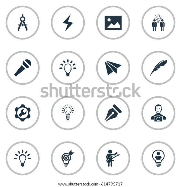 Vector Illustration Set Of Simple Creative\
Thinking Icons. Elements Project Aim, Dividers, Lightbulb And Other\
Synonyms Person, Compass And\
Pencil.