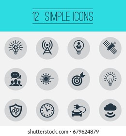 Vector Illustration Set Of Simple Creativity Icons. Elements Hybrid Auto, Time, Sputnik And Other Synonyms Time, Clock And Lamp.