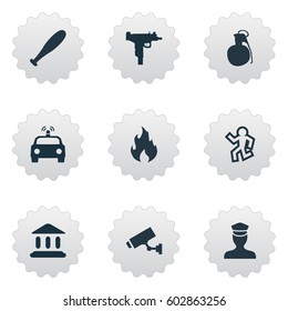 Vector Illustration Set Of Simple Crime Icons. Elements Sheriff, Police Car, Weapon And Other Synonyms Police, Baseball And Death.