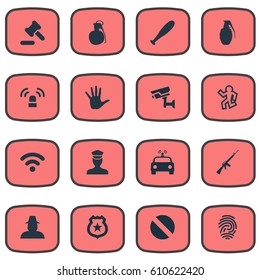 Vector Illustration Set Of Simple Crime Icons. Elements Hammer, Internet, Identification And Other Synonyms Biometric, Gun And Agent.