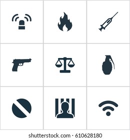 Vector Illustration Set Of Simple Crime Icons. Elements Siren, Internet, Justice And Other Synonyms Arrest, Explode And Punishment.