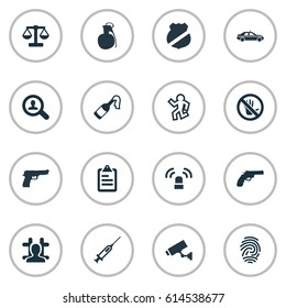 Vector Illustration Set Of Simple Crime Icons. Elements Justice, Investigation, Explosive And Other Synonyms Sign, Victim And Syringe.