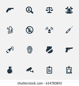 Vector Illustration Set Of Simple Crime Icons. Elements Investigation, Touch Forbidden, Siren And Other Synonyms Weapon, Signal And Inoculation.