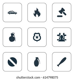 Vector Illustration Set Of Simple Crime Icons. Elements Explosive, Explode, Blaze And Other Synonyms Stick, Grenade And Automobile.
